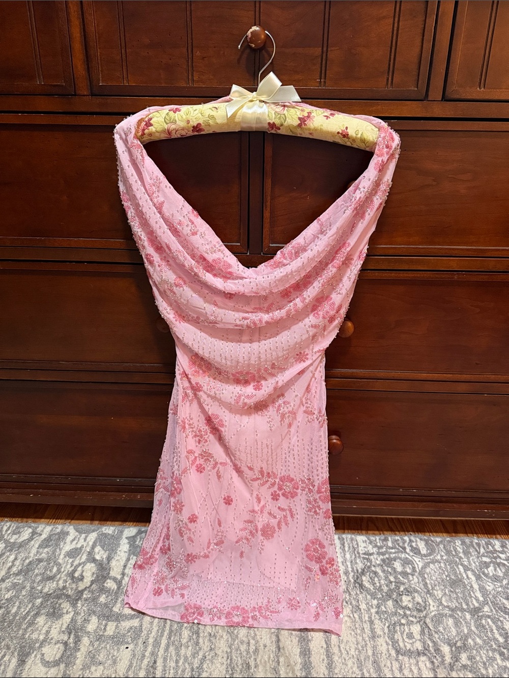 Windsor Strapless Pink Beaded Draped Evening Gown